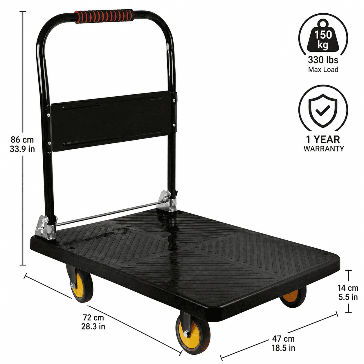 Carrinho Plataforma de Carga Dobrável Industrial 400kg em Aço Carbono com Rodas PU