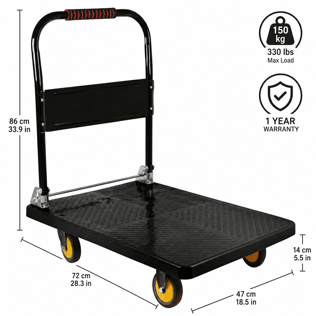 Carrinho Plataforma de Carga Dobrável Industrial 400kg em Aço Carbono com Rodas PU