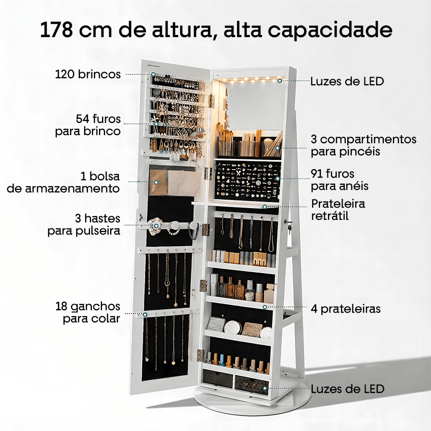 Espelho 360° 3 em 1 Penteadeira & Porta Joias e Bolsas